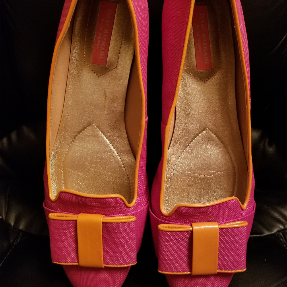 Isaac Mizrahi Pink Woven Orange Bow/Trim Flats